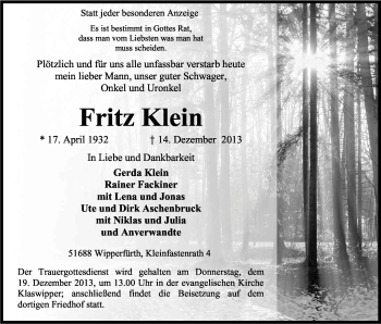 Anzeige von Fritz Klein von Kölner Stadt-Anzeiger / Kölnische Rundschau / Express