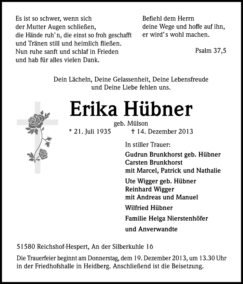  Traueranzeige für Erika Hübner vom 17.12.2013 aus Kölner Stadt-Anzeiger / Kölnische Rundschau / Express