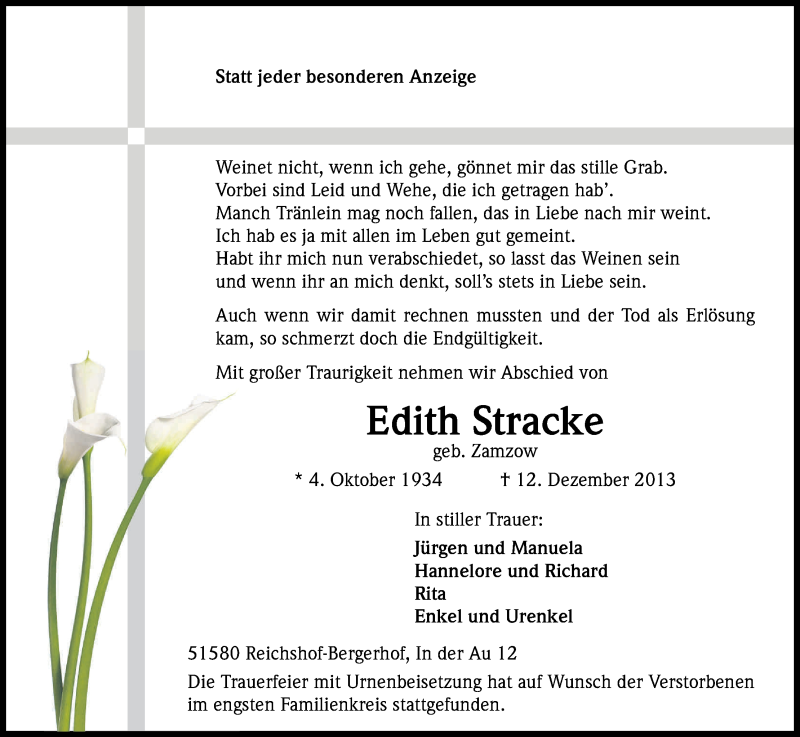  Traueranzeige für Edith Stracke vom 21.12.2013 aus Kölner Stadt-Anzeiger / Kölnische Rundschau / Express