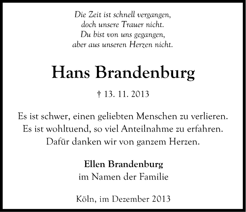  Traueranzeige für Hans Brandenburg vom 18.12.2013 aus Kölner Stadt-Anzeiger / Kölnische Rundschau / Express