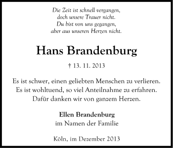 Anzeige von Hans Brandenburg von Kölner Stadt-Anzeiger / Kölnische Rundschau / Express