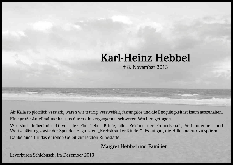  Traueranzeige für Karl-Heinz Hebbel vom 18.12.2013 aus Kölner Stadt-Anzeiger / Kölnische Rundschau / Express