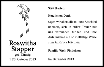 Anzeige von Roswitha Stapper von Kölner Stadt-Anzeiger / Kölnische Rundschau / Express