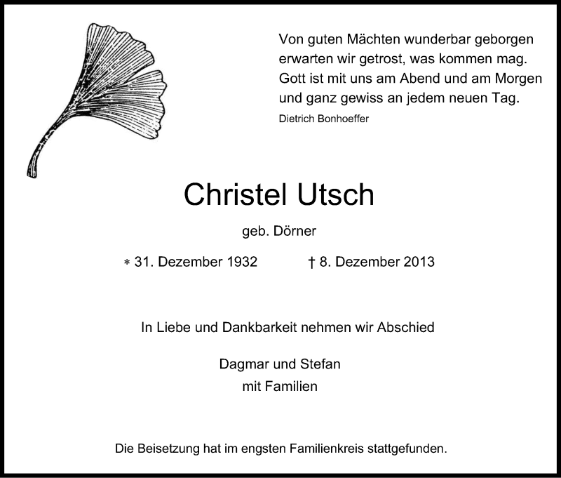  Traueranzeige für Christel Utsch vom 18.12.2013 aus Kölner Stadt-Anzeiger / Kölnische Rundschau / Express