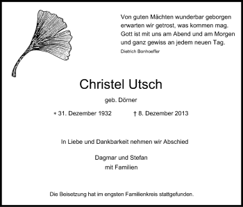 Anzeige von Christel Utsch von Kölner Stadt-Anzeiger / Kölnische Rundschau / Express