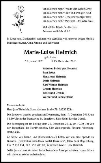 Anzeige von Maria-Luise Heimich von Kölner Stadt-Anzeiger / Kölnische Rundschau / Express