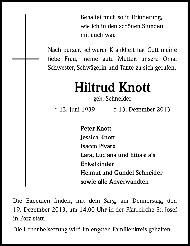  Traueranzeige für Hiltrud Knott vom 17.12.2013 aus Kölner Stadt-Anzeiger / Kölnische Rundschau / Express