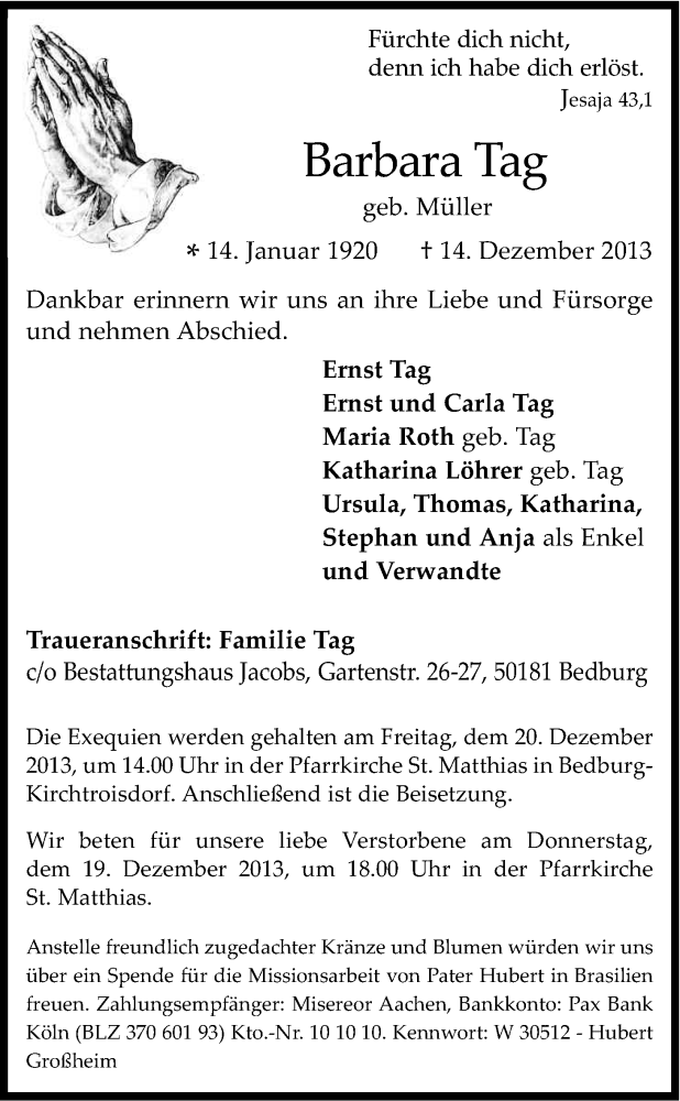  Traueranzeige für Barbara Tag vom 17.12.2013 aus Kölner Stadt-Anzeiger / Kölnische Rundschau / Express