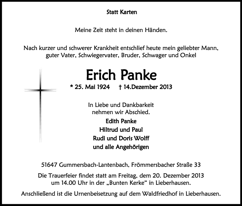  Traueranzeige für Erich Panke vom 17.12.2013 aus Kölner Stadt-Anzeiger / Kölnische Rundschau / Express