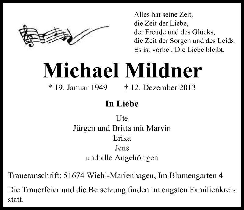  Traueranzeige für Michael Mildner vom 18.12.2013 aus Kölner Stadt-Anzeiger / Kölnische Rundschau / Express