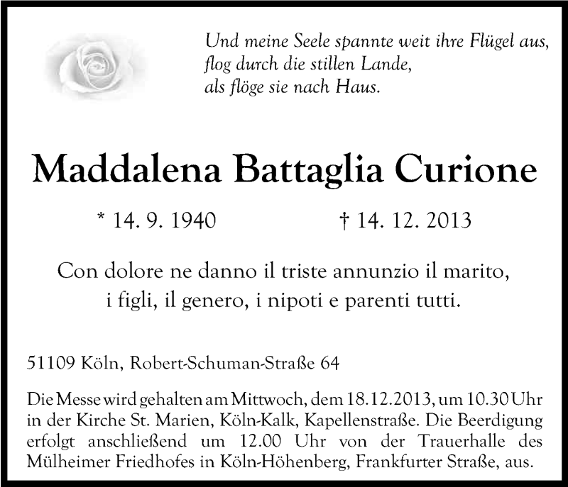  Traueranzeige für Maddalena Battaglia Curione vom 17.12.2013 aus Kölner Stadt-Anzeiger / Kölnische Rundschau / Express