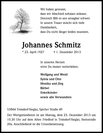 Anzeige von Johannes Schmitz von Kölner Stadt-Anzeiger / Kölnische Rundschau / Express