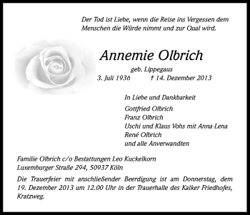 Anzeige von Annemie Olbrich von Kölner Stadt-Anzeiger / Kölnische Rundschau / Express