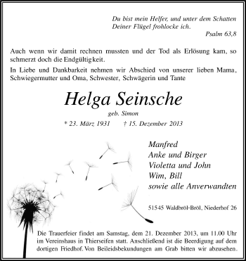 Anzeige von Helga Seinsche von Kölner Stadt-Anzeiger / Kölnische Rundschau / Express