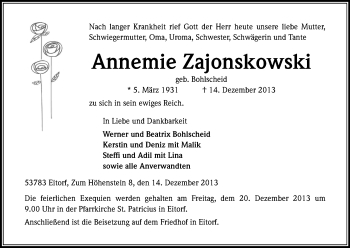 Anzeige von Annemie Zajonskowski von Kölner Stadt-Anzeiger / Kölnische Rundschau / Express