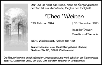 Anzeige von Theo Weinen von Kölner Stadt-Anzeiger / Kölnische Rundschau / Express