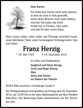 Anzeige von Franz Herzig von Kölner Stadt-Anzeiger / Kölnische Rundschau / Express