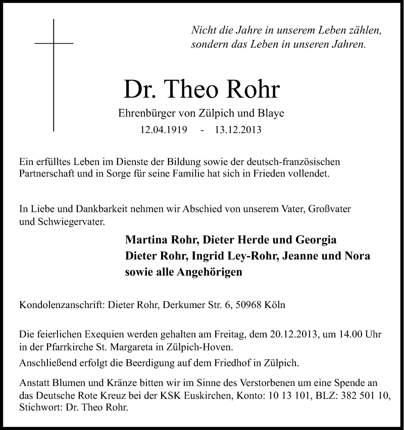  Traueranzeige für Theo Rohr vom 17.12.2013 aus Kölner Stadt-Anzeiger / Kölnische Rundschau / Express