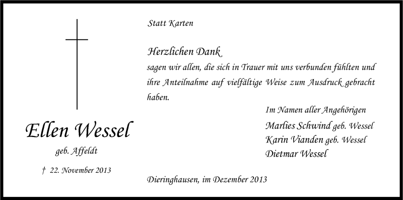  Traueranzeige für Ellen Wessel vom 21.12.2013 aus Kölner Stadt-Anzeiger / Kölnische Rundschau / Express