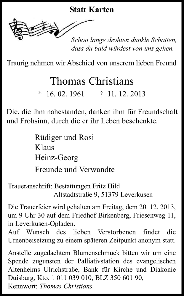  Traueranzeige für Thomas Christians vom 17.12.2013 aus Kölner Stadt-Anzeiger / Kölnische Rundschau / Express