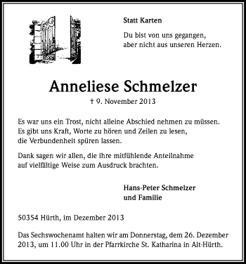 Anzeige von Anneliese Schmelzer von Kölner Stadt-Anzeiger / Kölnische Rundschau / Express