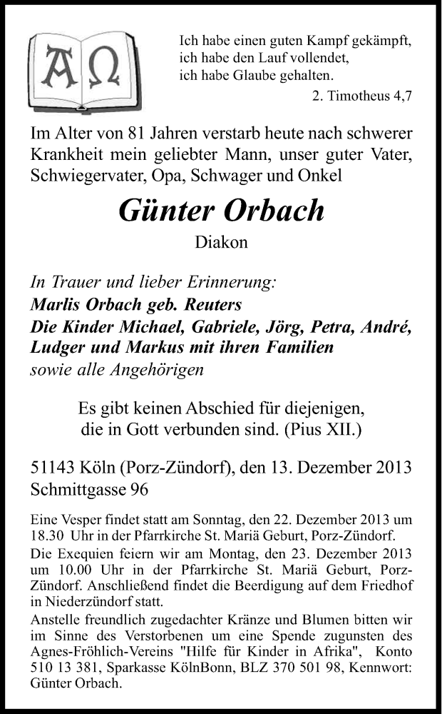  Traueranzeige für Günter Orbach vom 18.12.2013 aus Kölner Stadt-Anzeiger / Kölnische Rundschau / Express