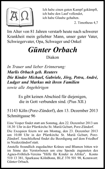 Anzeige von Günter Orbach von Kölner Stadt-Anzeiger / Kölnische Rundschau / Express