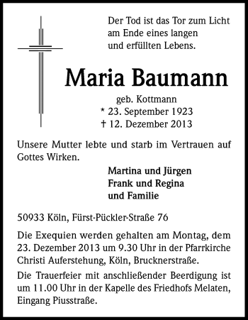 Anzeige von Maria Baumann von Kölner Stadt-Anzeiger / Kölnische Rundschau / Express