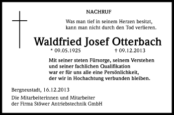 Anzeige von Waldfried Josef Otterbach von Kölner Stadt-Anzeiger / Kölnische Rundschau / Express