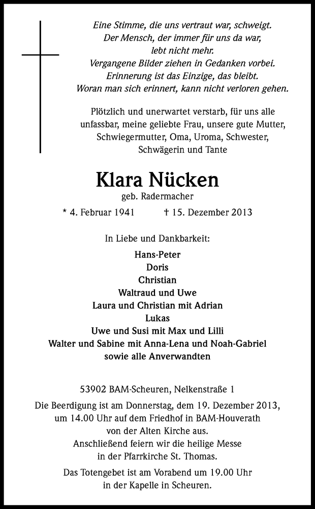  Traueranzeige für Klara Nücken vom 17.12.2013 aus Kölner Stadt-Anzeiger / Kölnische Rundschau / Express