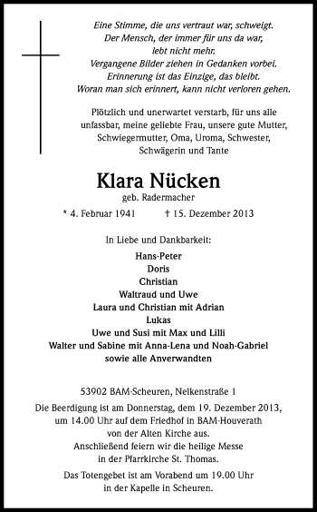 Anzeige von Klara Nücken von Kölner Stadt-Anzeiger / Kölnische Rundschau / Express
