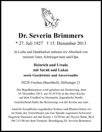 Anzeige von Severin Brimmers von Kölner Stadt-Anzeiger / Kölnische Rundschau / Express