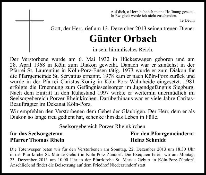  Traueranzeige für Günter Orbach vom 18.12.2013 aus Kölner Stadt-Anzeiger / Kölnische Rundschau / Express