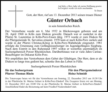 Anzeige von Günter Orbach von Kölner Stadt-Anzeiger / Kölnische Rundschau / Express