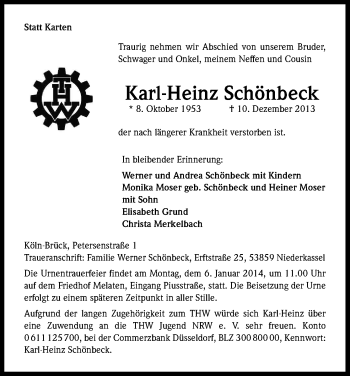 Anzeige von Karl-Heinz Schönbeck von Kölner Stadt-Anzeiger / Kölnische Rundschau / Express