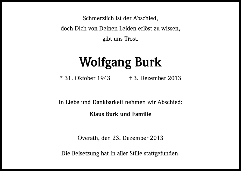  Traueranzeige für Wolfgang Burk vom 23.12.2013 aus Kölner Stadt-Anzeiger / Kölnische Rundschau / Express