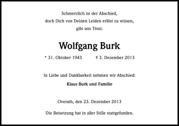 Anzeige von Wolfgang Burk von Kölner Stadt-Anzeiger / Kölnische Rundschau / Express