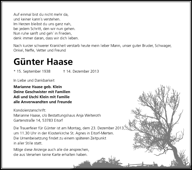  Traueranzeige für Günter Haase vom 19.12.2013 aus Kölner Stadt-Anzeiger / Kölnische Rundschau / Express
