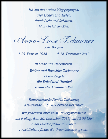 Anzeige von Anna-Luise Tschauner von Kölner Stadt-Anzeiger / Kölnische Rundschau / Express