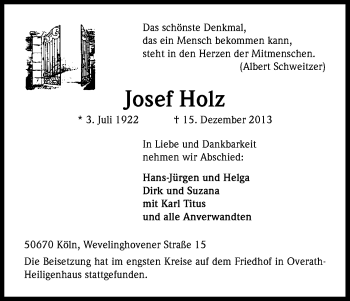 Anzeige von Josef Holz von Kölner Stadt-Anzeiger / Kölnische Rundschau / Express