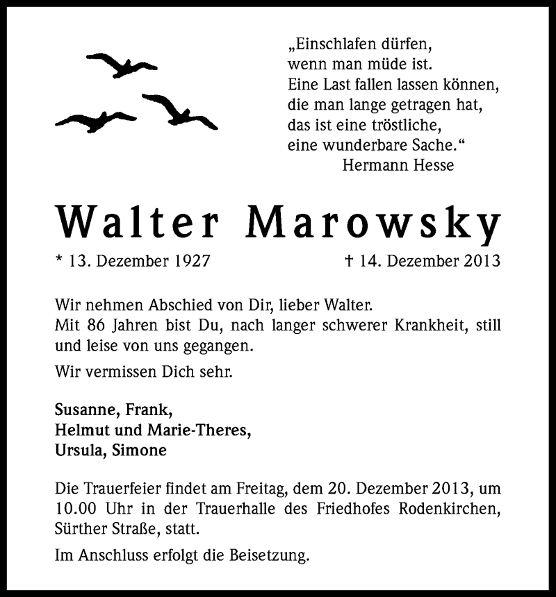  Traueranzeige für Walter Marowsky vom 18.12.2013 aus Kölner Stadt-Anzeiger / Kölnische Rundschau / Express