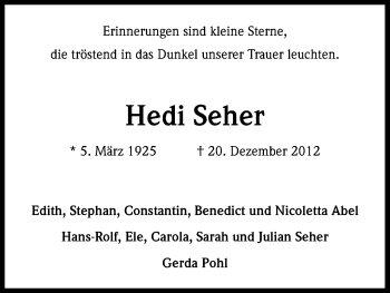 Anzeige von Hedi Seher von Kölner Stadt-Anzeiger / Kölnische Rundschau / Express