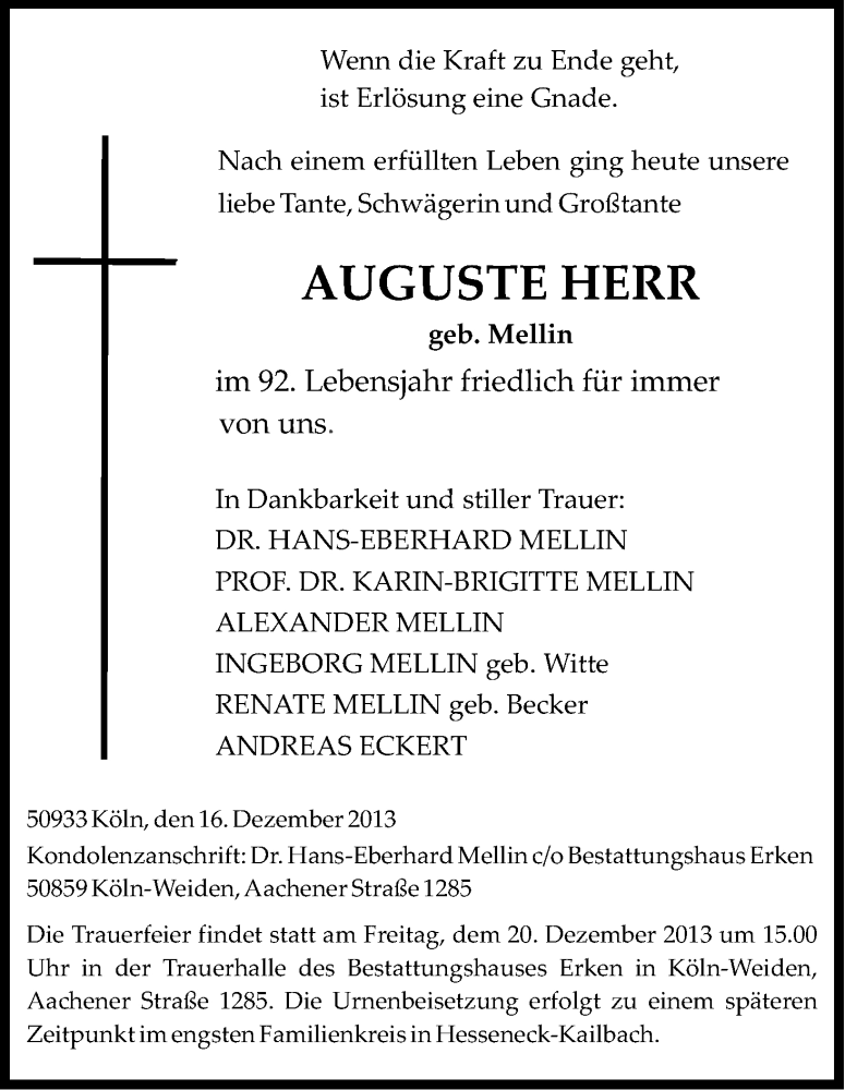  Traueranzeige für Auguste Herr vom 18.12.2013 aus Kölner Stadt-Anzeiger / Kölnische Rundschau / Express