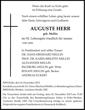 Anzeige von Auguste Herr von Kölner Stadt-Anzeiger / Kölnische Rundschau / Express