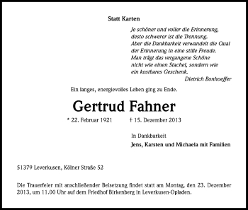 Anzeige von Gertrud Fahner von Kölner Stadt-Anzeiger / Kölnische Rundschau / Express