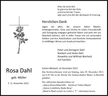 Anzeige von Rosa Dahl von Kölner Stadt-Anzeiger / Kölnische Rundschau / Express