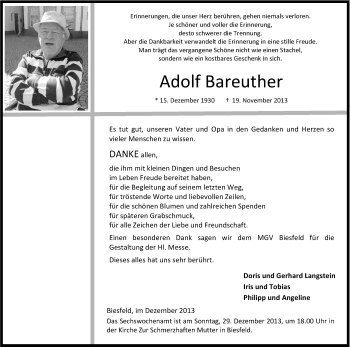 Anzeige von Adolf Bareuther von Kölner Stadt-Anzeiger / Kölnische Rundschau / Express