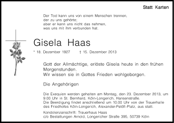 Anzeige von Gisela Haas von Kölner Stadt-Anzeiger / Kölnische Rundschau / Express