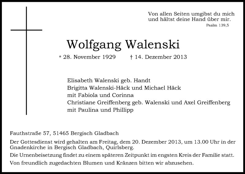  Traueranzeige für Wolfgang Walenski vom 18.12.2013 aus Kölner Stadt-Anzeiger / Kölnische Rundschau / Express