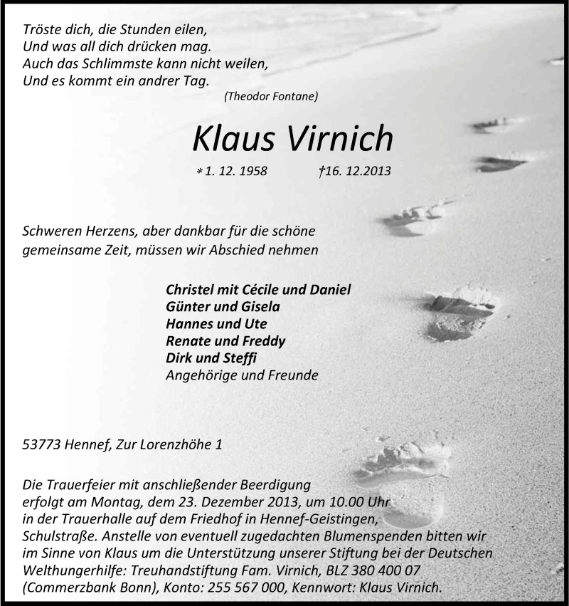  Traueranzeige für Klaus Virnich vom 18.12.2013 aus Kölner Stadt-Anzeiger / Kölnische Rundschau / Express